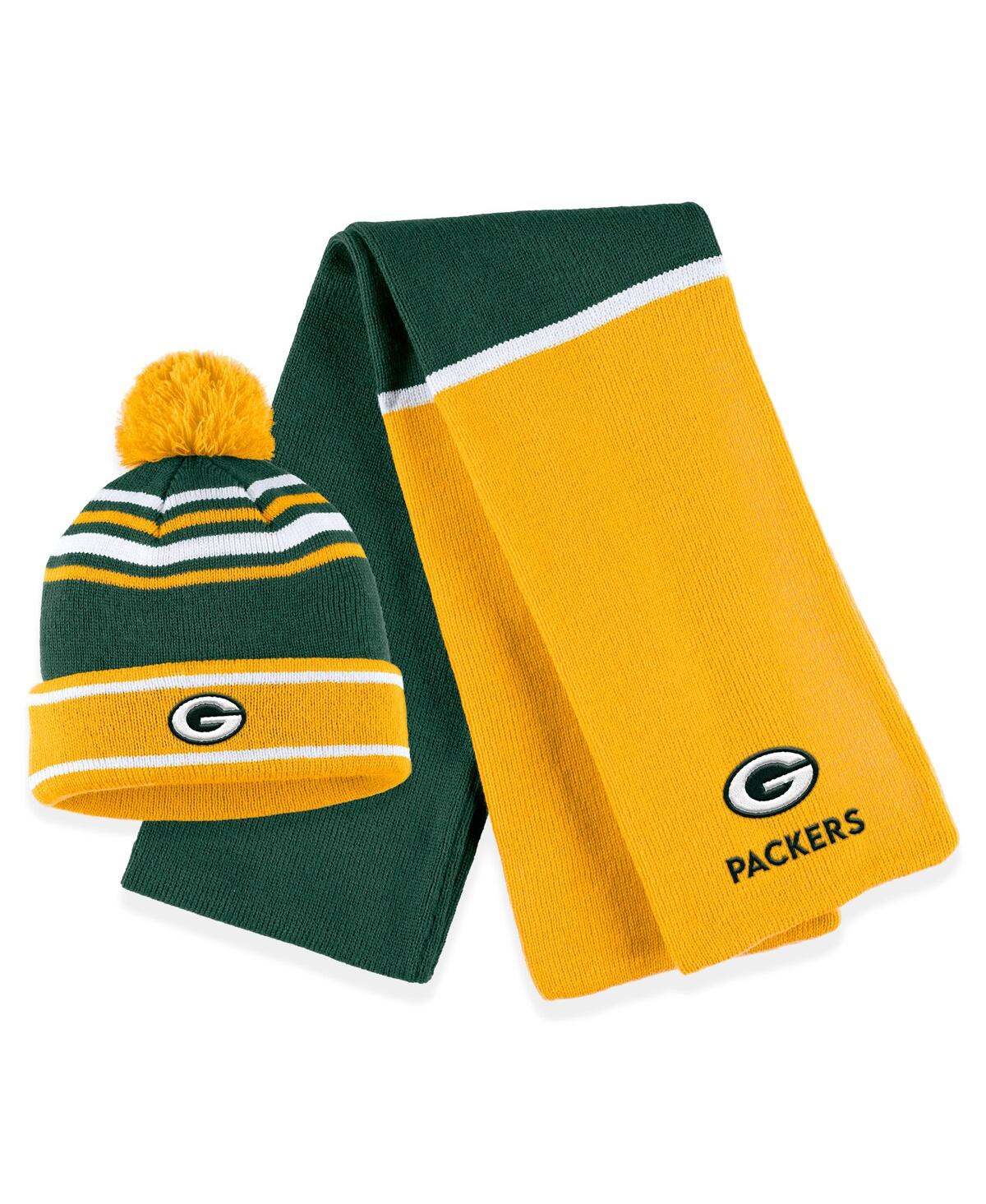 Shop Wear By Erin Andrews Women's  Green Green Bay Packers Colorblock Cuffed Knit Hat With Pom And Scarf S