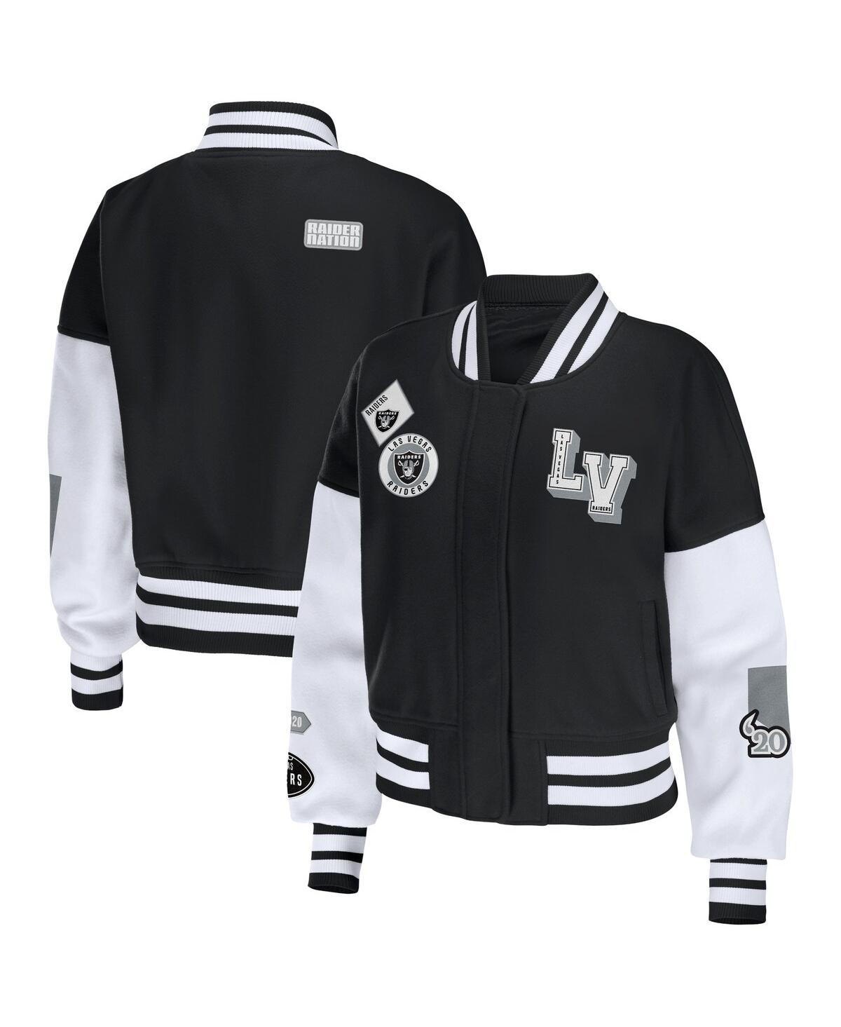 Wear By Erin Andrews Women's  Black, White Las Vegas Raiders Full-zip Varsity Jacket In Black,white