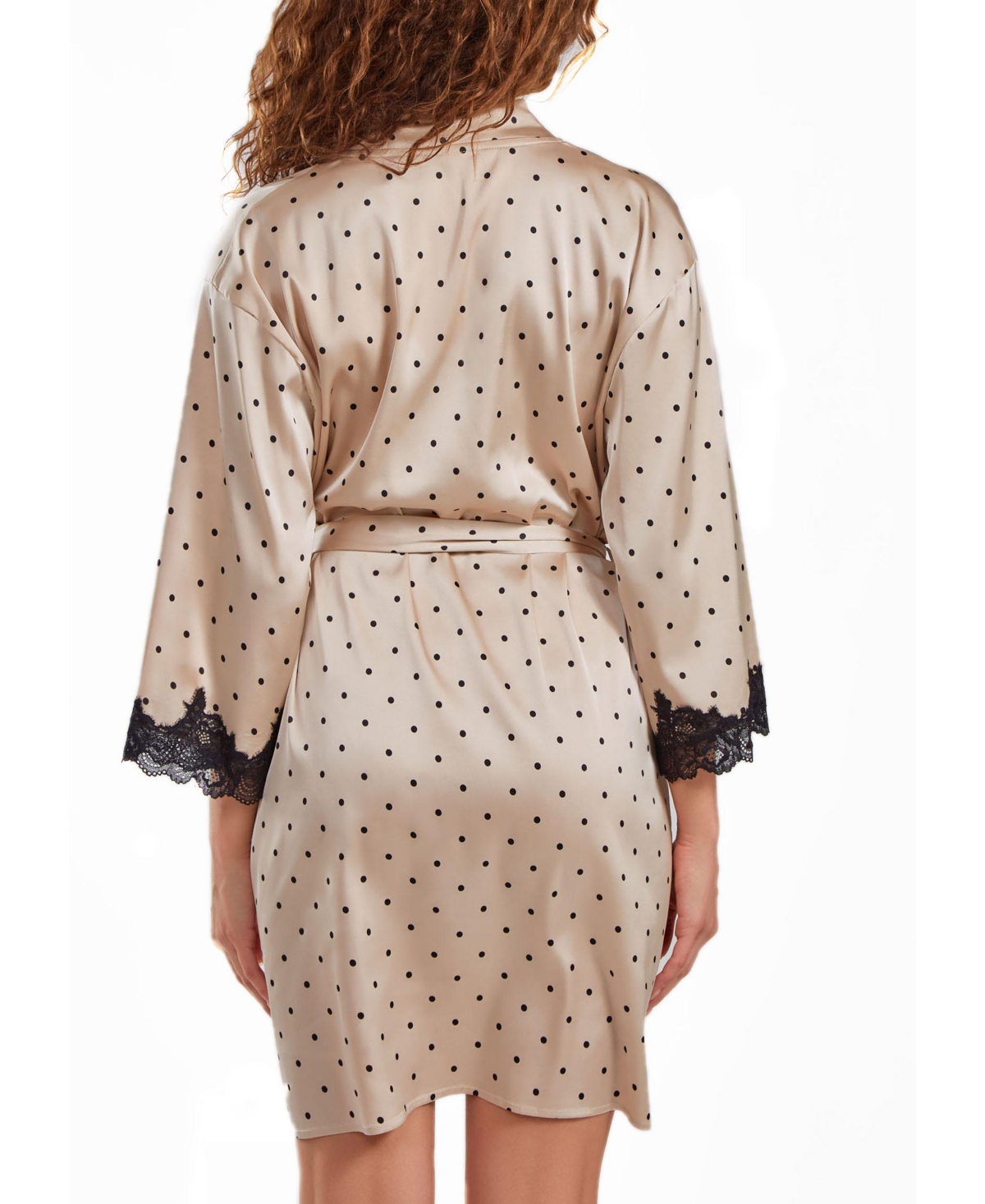 iCollection Women's Kareen Dotted Satin Robe with Lace Trimmed Sleeves and Self Tie Sash