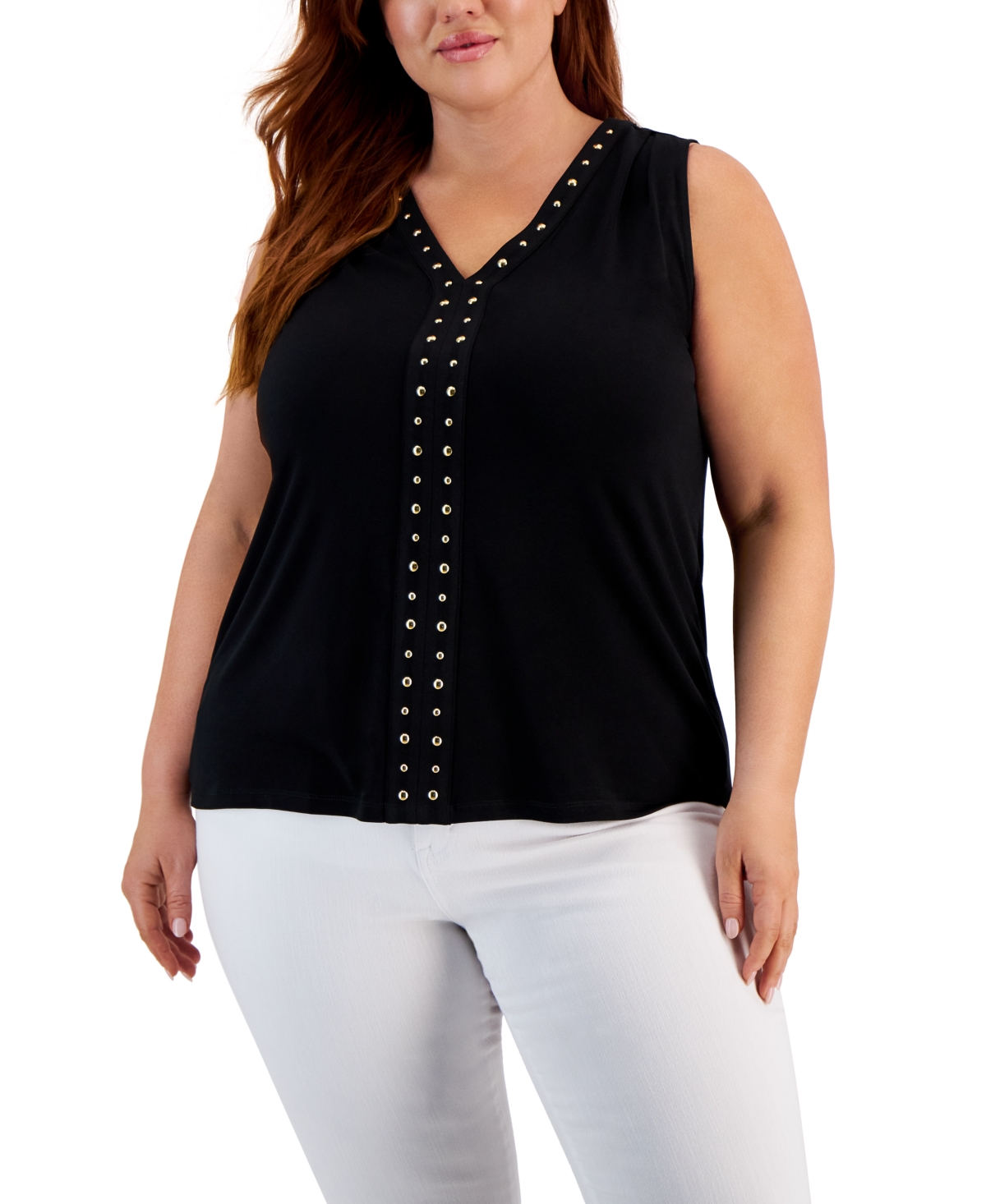 Plus Size V-Neck Stud-Trim Top, Created for Macy's - Deep Black