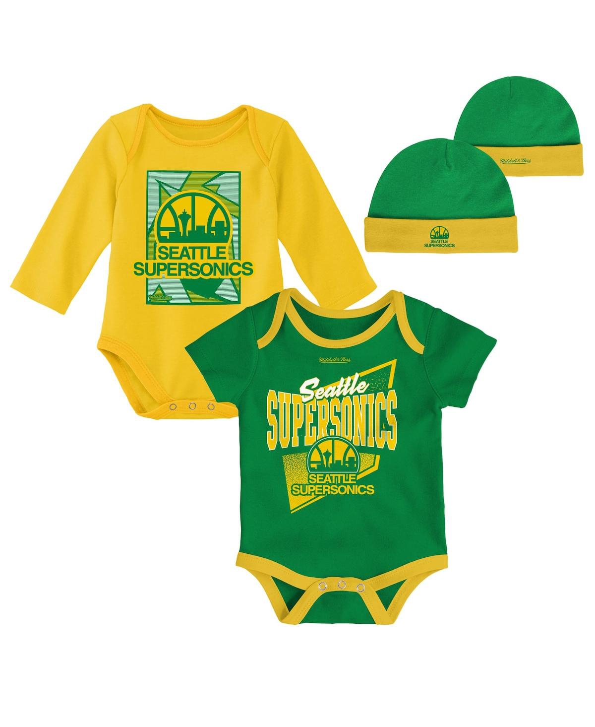 MITCHELL & NESS NEWBORN AND INFANT BOYS AND GIRLS MITCHELL & NESS GREEN, GOLD SEATTLE SUPERSONICS 3-PIECE HARDWOOD C
