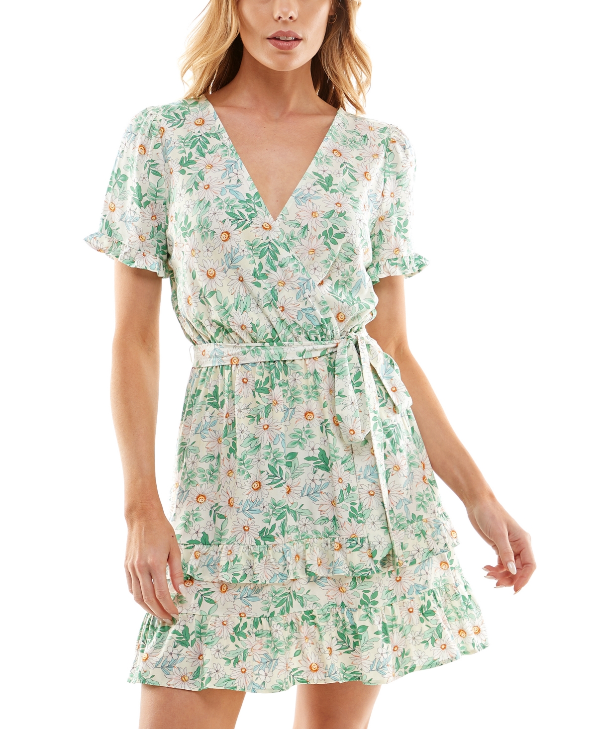 As U Wish Juniors' Belted Tiered Floral Skater Dress In Ban/yel/gr