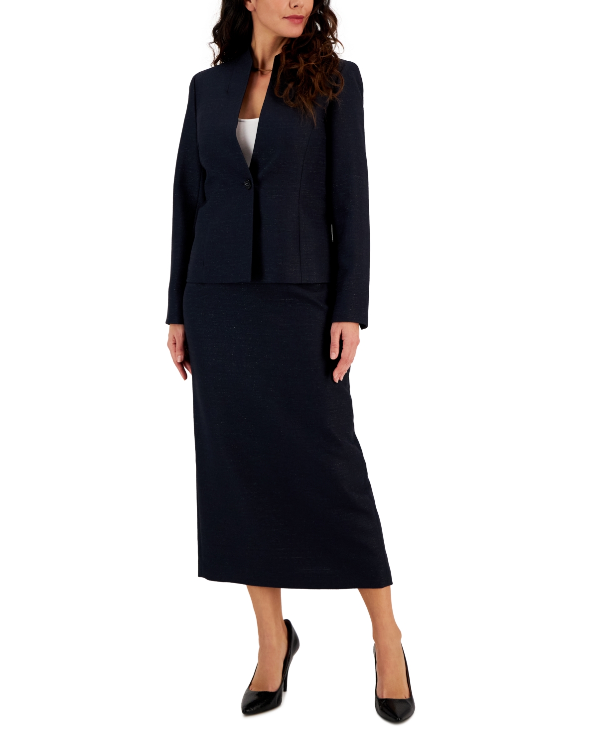 Women's Shimmer Tweed Skirt Suit, Regular and Petite Sizes - Navy