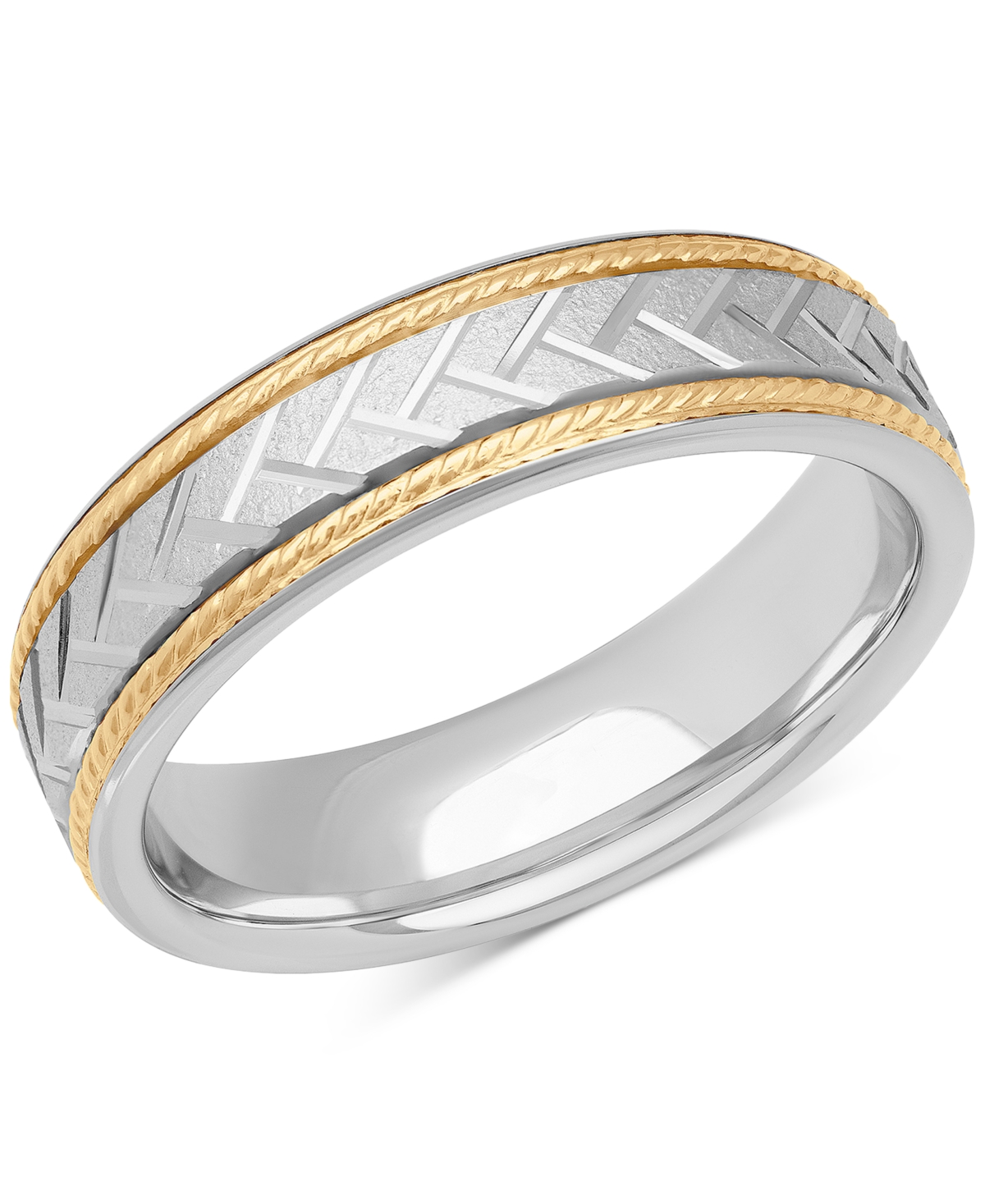 Macy's Men's Chevron Carved Two-tone Wedding Band In Sterling Silver & 18k Gold-plate