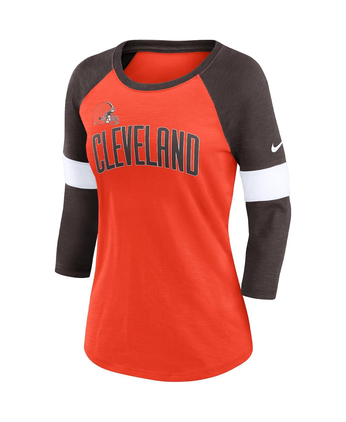 Nike Women's  Cleveland Browns Heathered Orange And Brown Football Pride Slub 3/4 Raglan Sleeve T-shi In Heathered Orange,brown