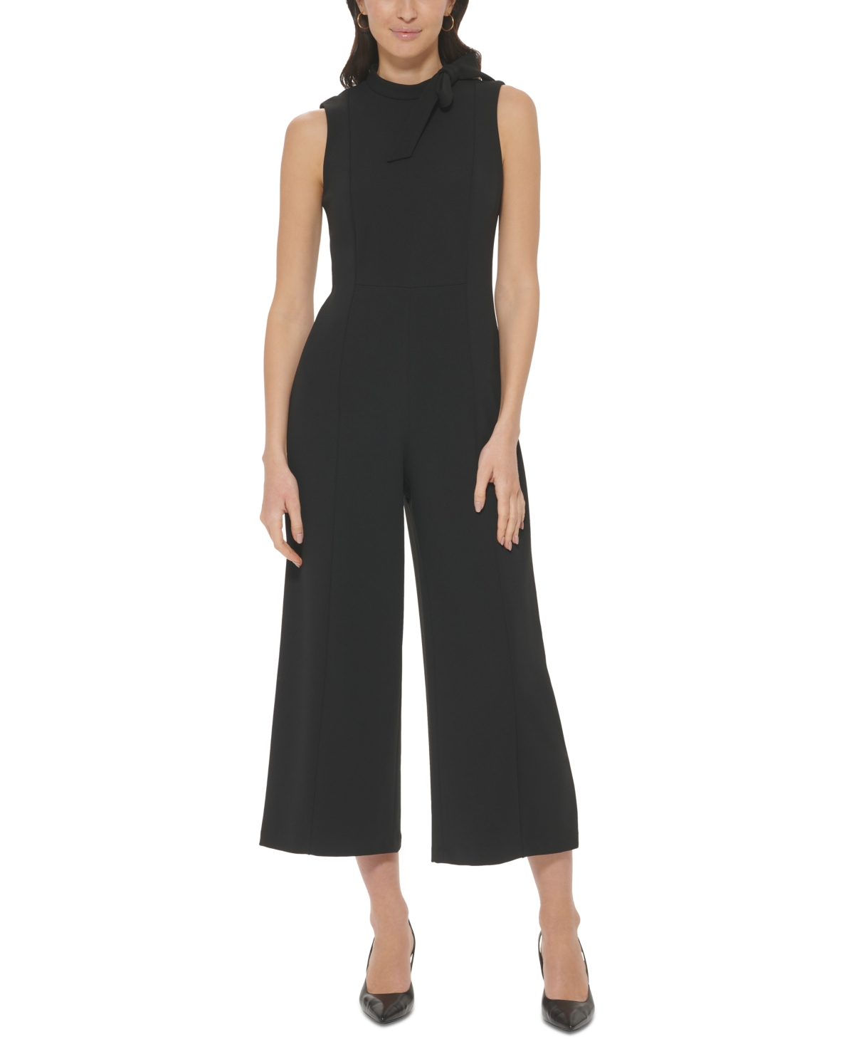 Shop Calvin Klein Women's Bow-embellished Mock Neck Cropped Wide-leg Jumpsuit In Black