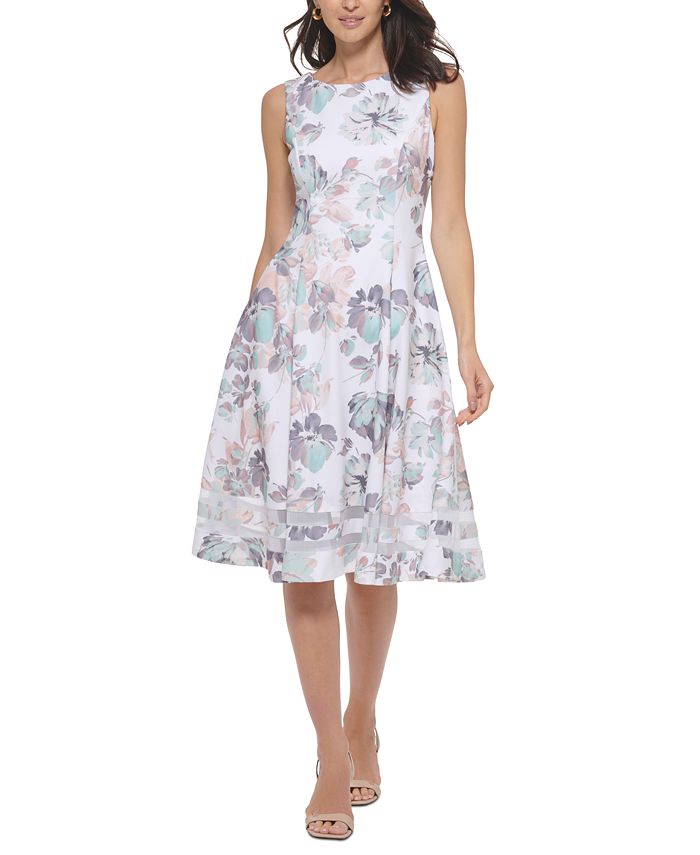 Calvin Klein Women's Floral-Print Mesh-Trim Sleeveless Fit & Flare Dress &  Reviews - Dresses - Women - Macy's