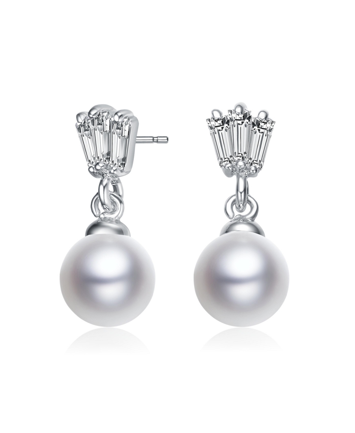Gv Sterling Silver White Gold Plated White Round Freshwater Pearl with Clear Baguette Cubic Zirconia Drop Earrings - Silver