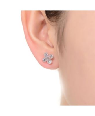 GV Sterling Silver White Gold Plated Clear Pear and Round Cubic Zirconia Clover Earrings