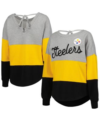Women's Heathered Gray, Black Pittsburgh Steelers Outfield Deep V-Back Pullover Sweatshirt