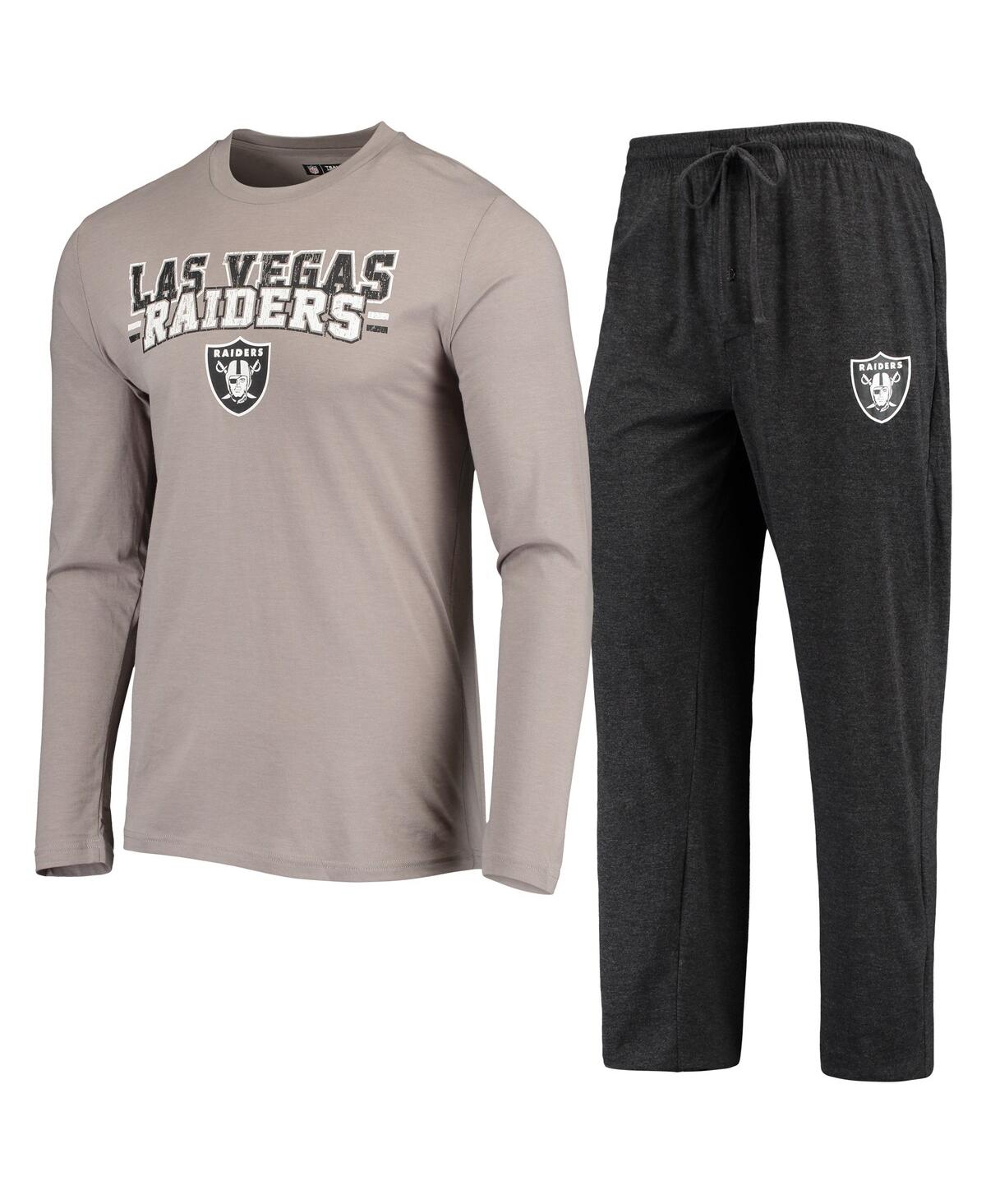 Shop Concepts Sport Men's  Black, Silver Las Vegas Raiders Meter Long Sleeve T-shirt And Pants Sleep Set In Black,silver