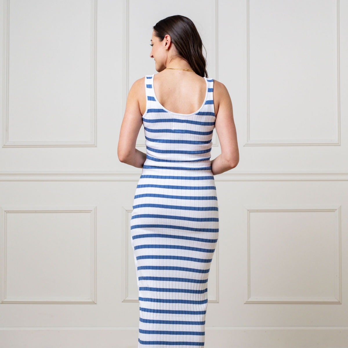 Hope & Henry Women's Sleeveless Rib Knit Sweater Maxi Dress with Button Slit - White and blue nautical stripe