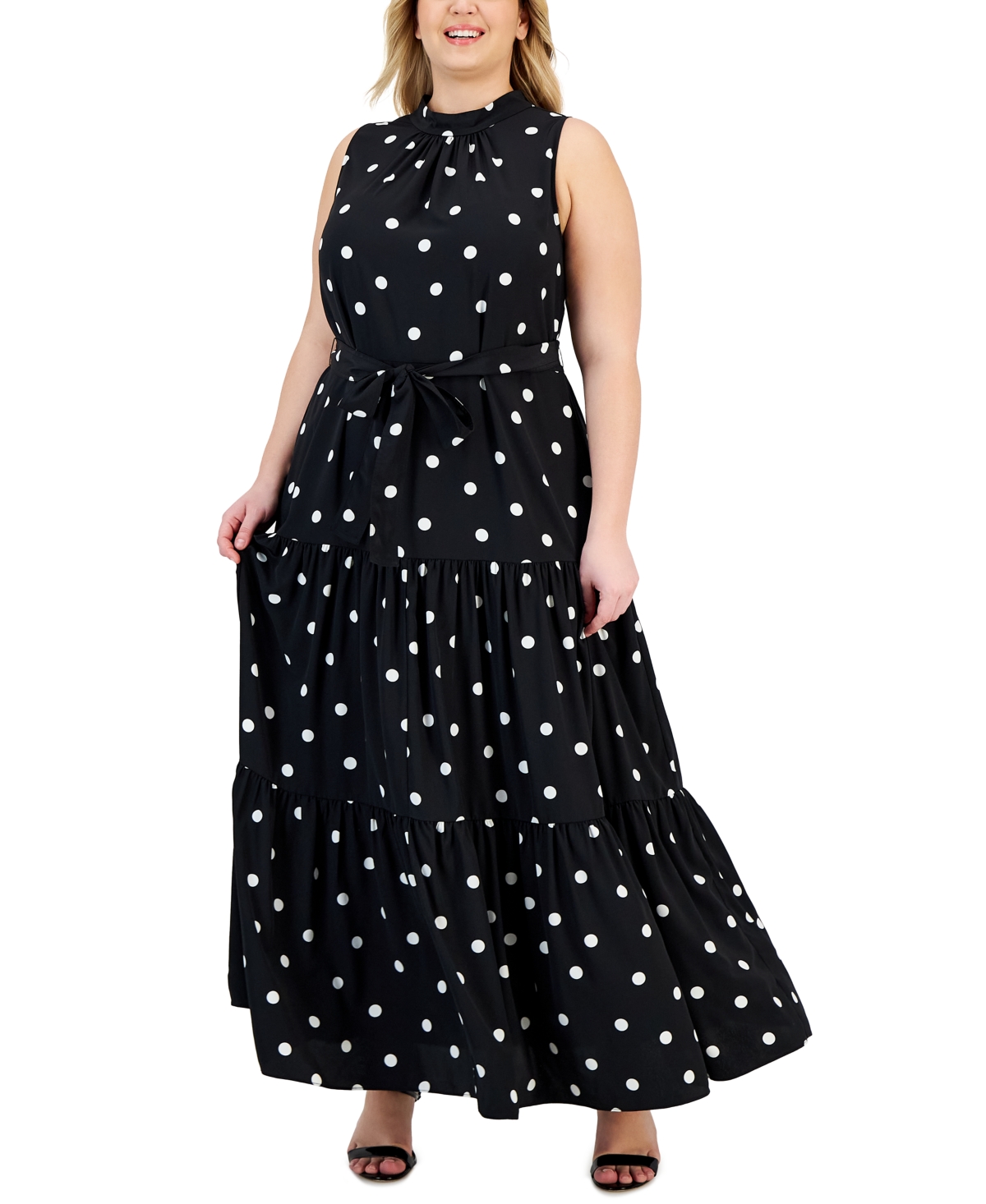 Anne Klein Plus Size Printed Tiered Tie Neck Maxi Dress In Black