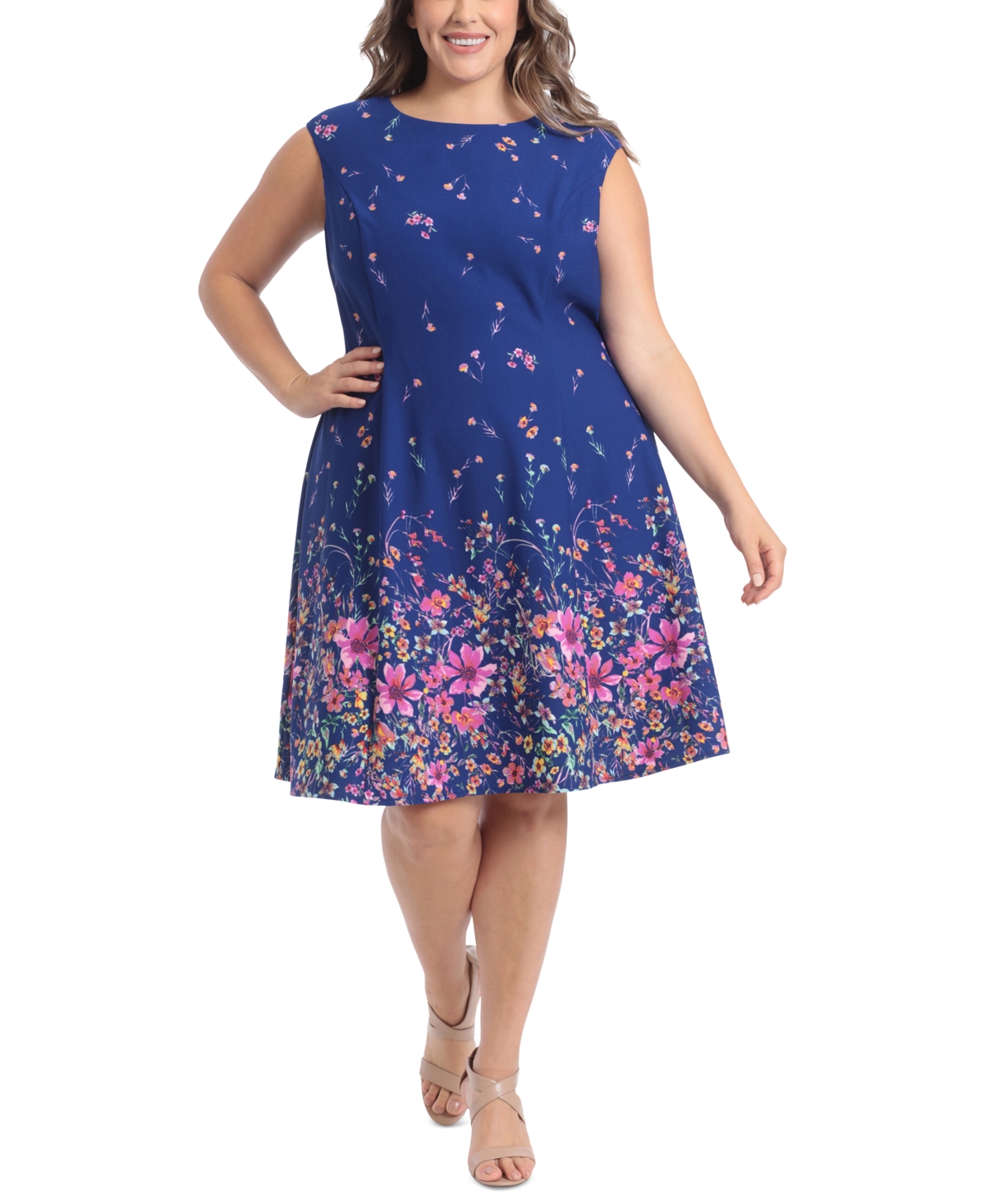 London Times Plus Size Printed Fit & Flare Dress In Sapphire,orchid