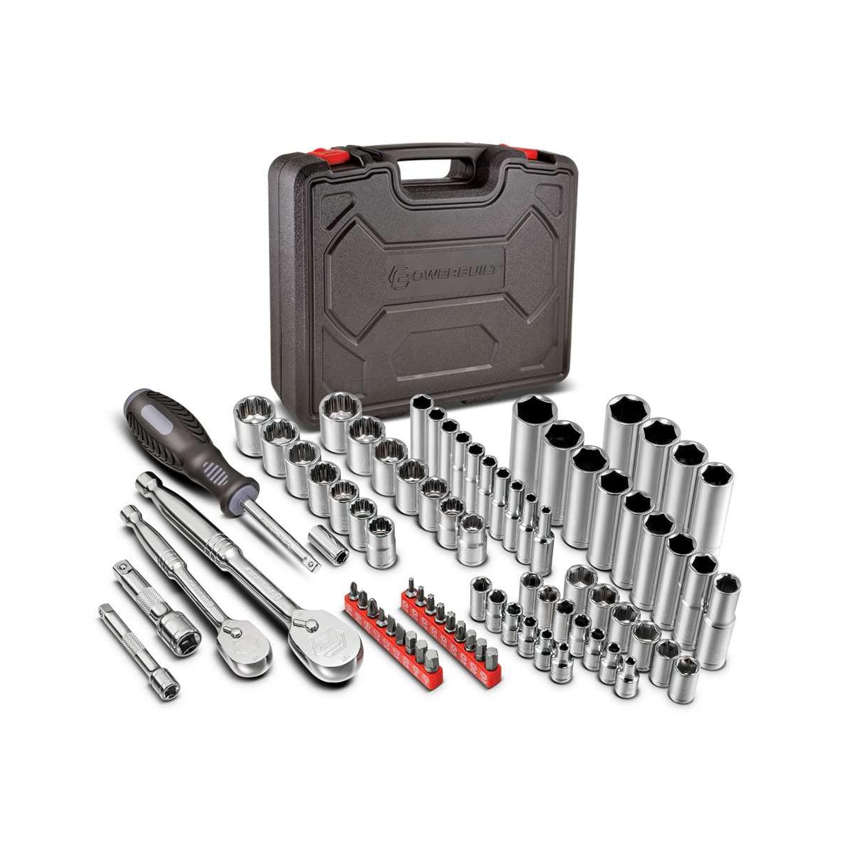 80 Piece Tool Set with Sockets, Ratchets, and Accessories in Case - Silver