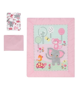 Twinkle Toes Pink/Blue/Green Elephant & Monkey 3-Piece Nursery Crib Bedding Set