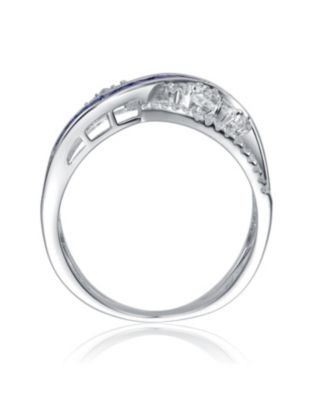 Sterling Silver Rhodium Plated with Blue Cubic Zirconia Criss-Cross Ring