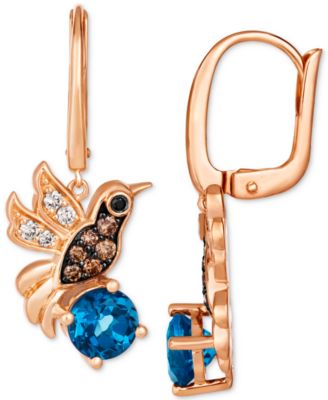 Deep Sea Blue Topaz (1-1/2 ct. t.w.) & Diamond (1/3 ct. t.w.) Hummingbird Leverback Drop Earrings in 14k Rose Gold