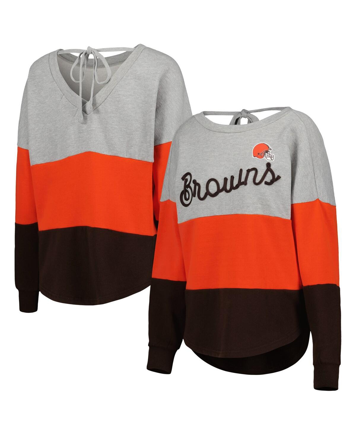 Women's Touch Heather Gray, Brown Cleveland Browns Outfield Deep V-Back Pullover Sweatshirt - Heather Gray, Brown