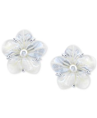 White Mother Of Pearl & Cultured Freshwater Pearl (5mm) Flower Stud Earrings in Sterling Silver