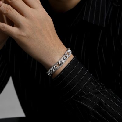 Men's Sterling Silver White Gold Plated with Iced Out Cubic Zirconia Oblong Curb Chain Bracelet