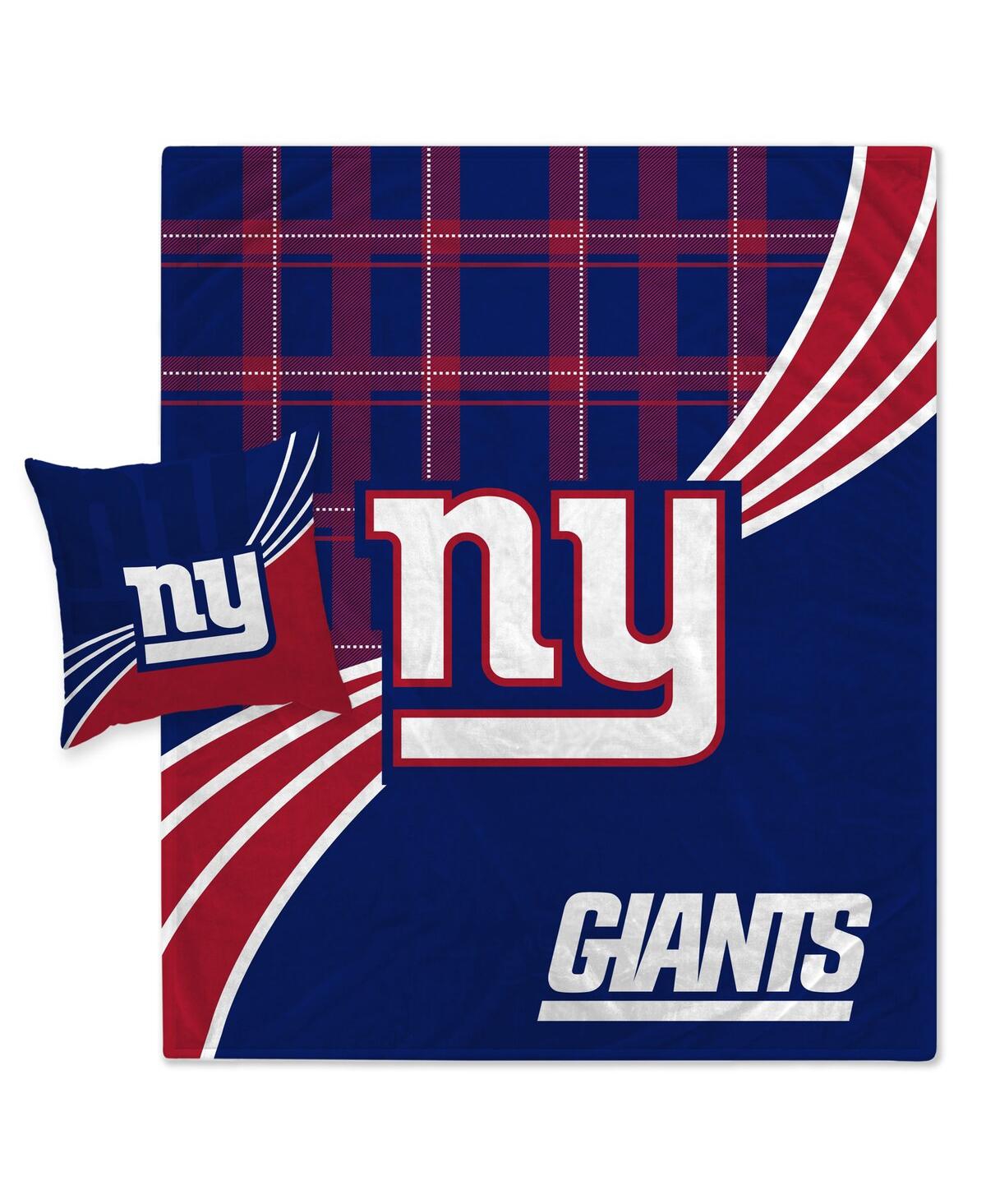Pegasus Home Fashions Men's And Women's New York Giants Plaid Wave Flannel Fleece Blanket And Pillow Combo Set In Take Image Color
