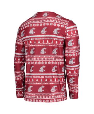 Men's Crimson Washington State Cougars Ugly Sweater Long Sleeve T-shirt and Pants Sleep Set