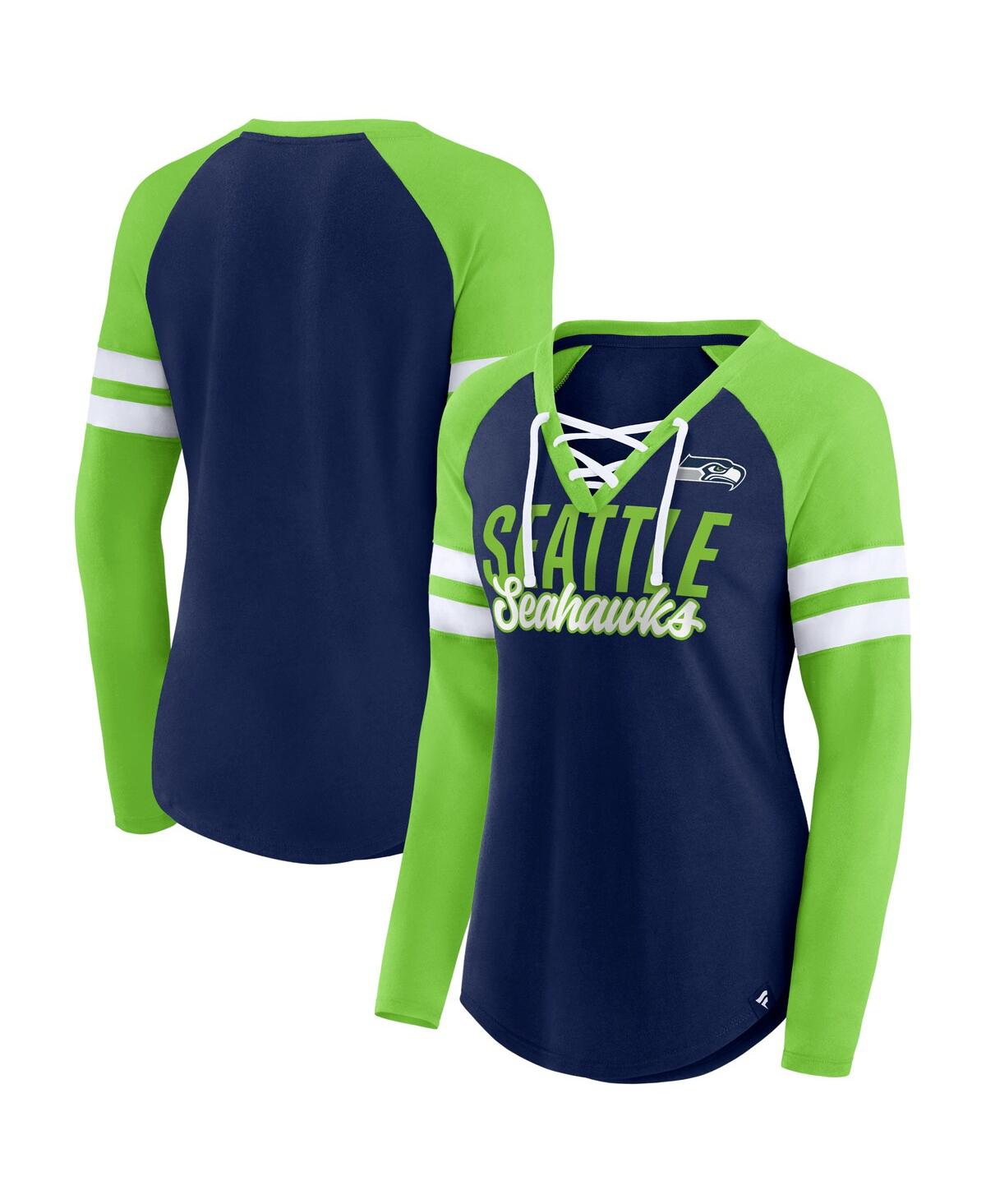 Shop Fanatics Women's  College Navy, Neon Green Seattle Seahawks True To Form Raglan Lace-up V-neck Long S In Navy,neon Green