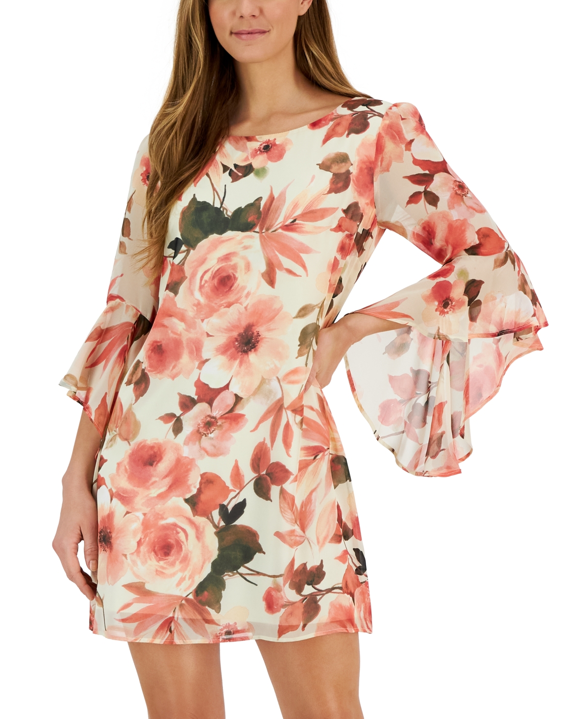 Shop Connected Petite Floral-print 3/4-sleeve Shift Dress In Ivory