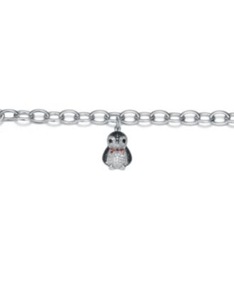 White Gold Plated with Red, Black and White Cubic Zirconia Bird Charm Bracelet in Sterling Silver