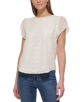 DKNY - Petite Novelty Metallic Flutter-Sleeve Blouse