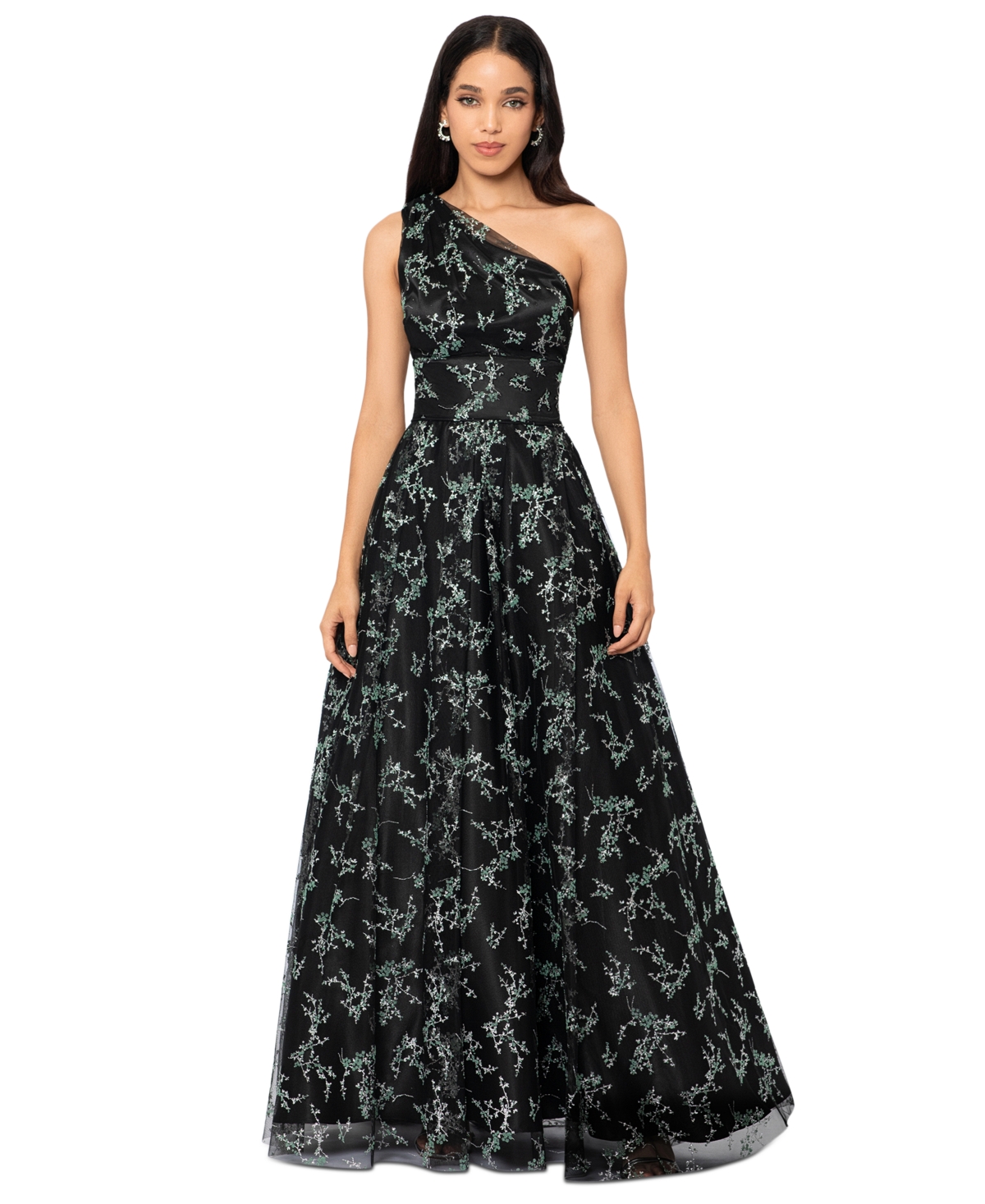 Blondie Nites Juniors' Glitter-Pattern One-Shoulder Gown