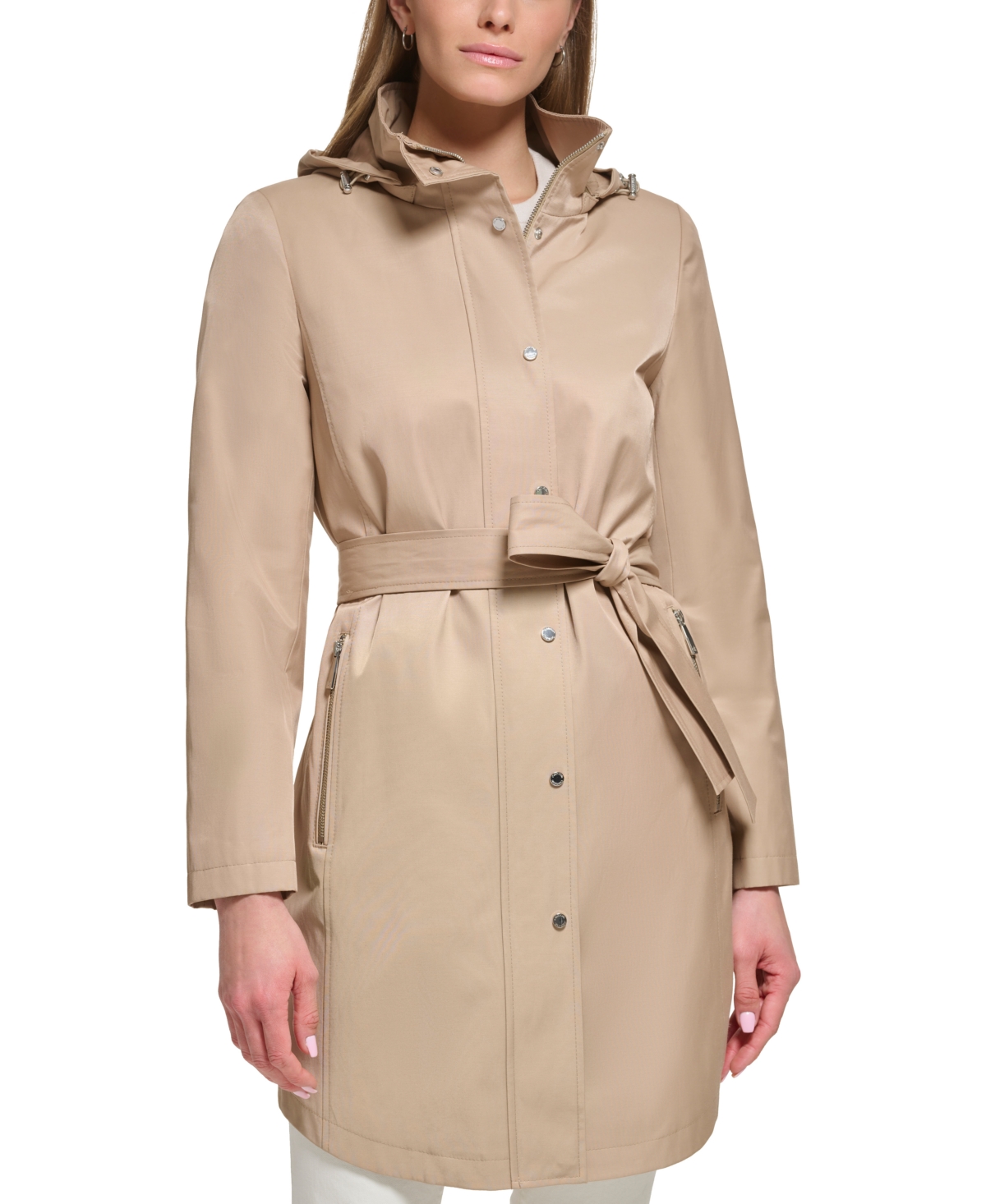 Puno achterstalligheid Aardewerk Calvin Klein Women's Petite Zip-front Hooded Belted Raincoat In Vintage Tan  | ModeSens