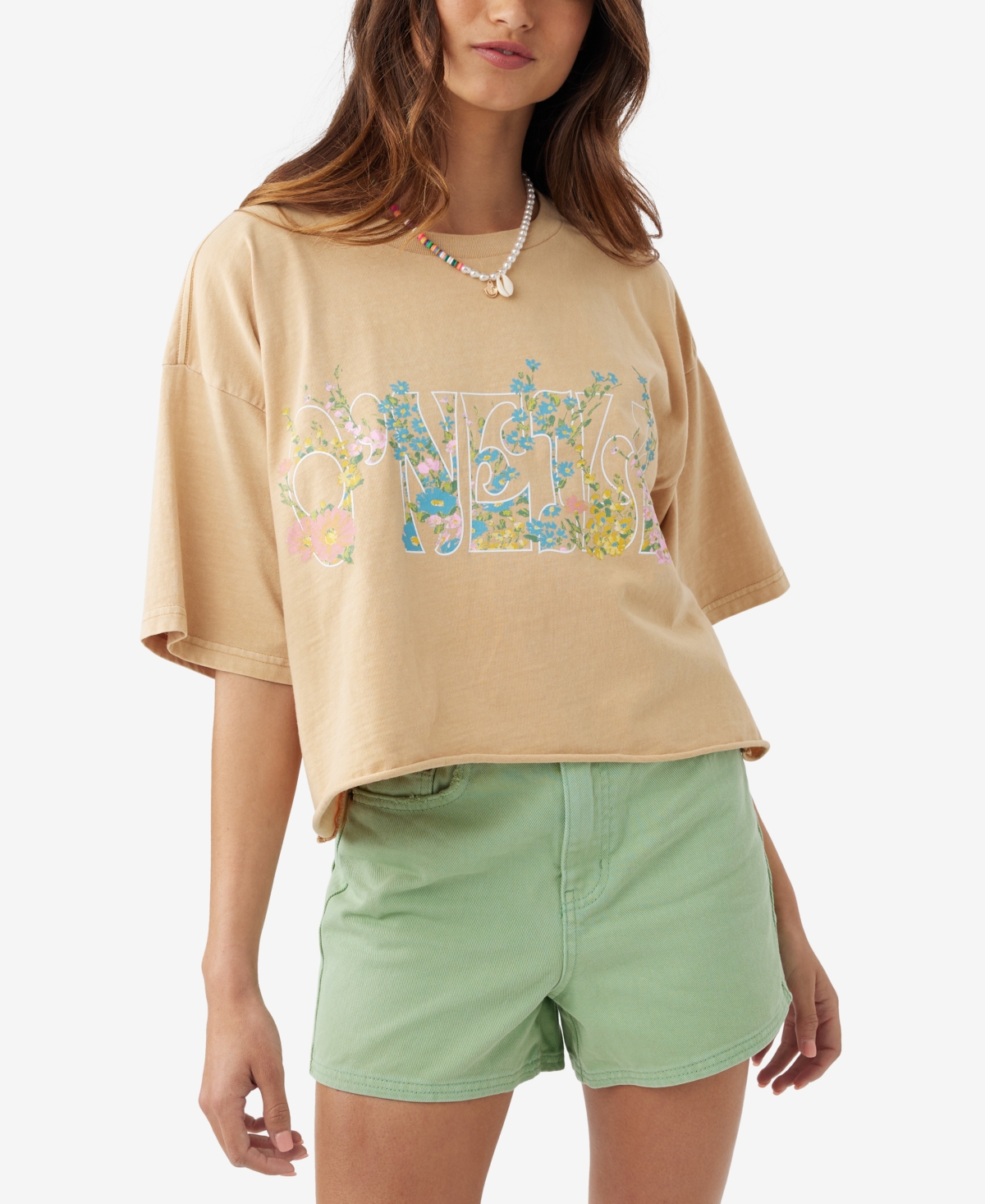 O'neill Juniors' Wild Flower Power Cotton Cropped T-shirt In Khaki