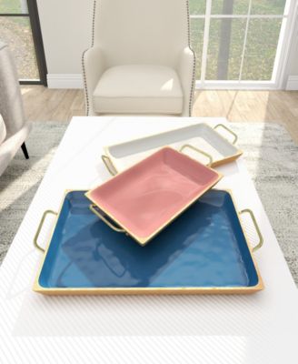 Multi Colored Mango Wood Tray with Enamel Interior, Set of 3, 24", 18", 15" W