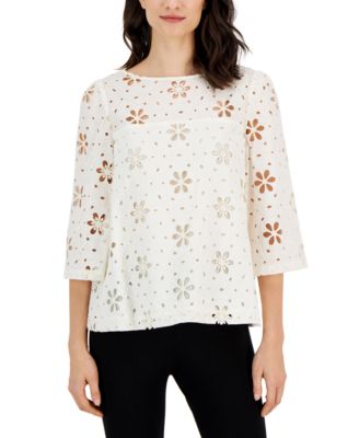 T Tahari Women's Floral Embroidered Eyelet Boat-Neck Top - Macy's