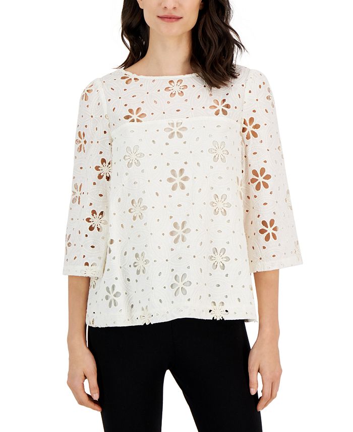 T Tahari Women S Floral Embroidered Eyelet Boat Neck Top Macy S