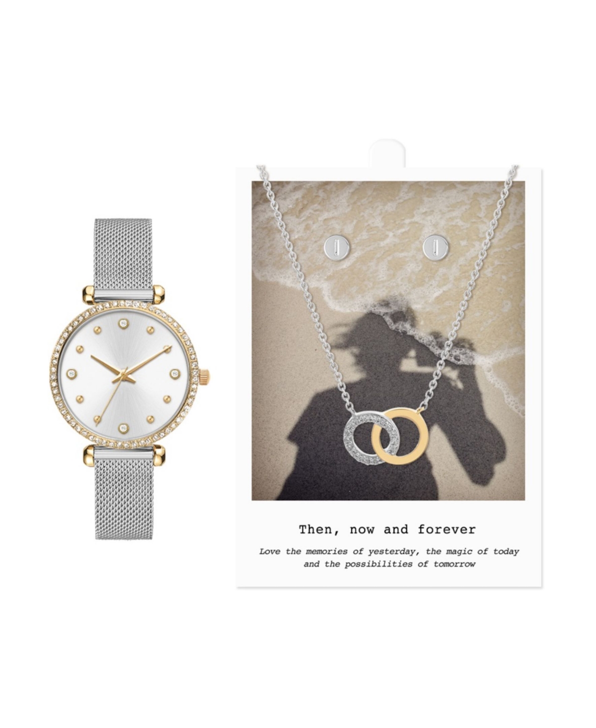 Jessica Carlyle Women's Analog Silver-tone Metal Alloy Mesh Watch 33mm Necklace And Earring Gift Set, 3 Pieces In Shiny Silver