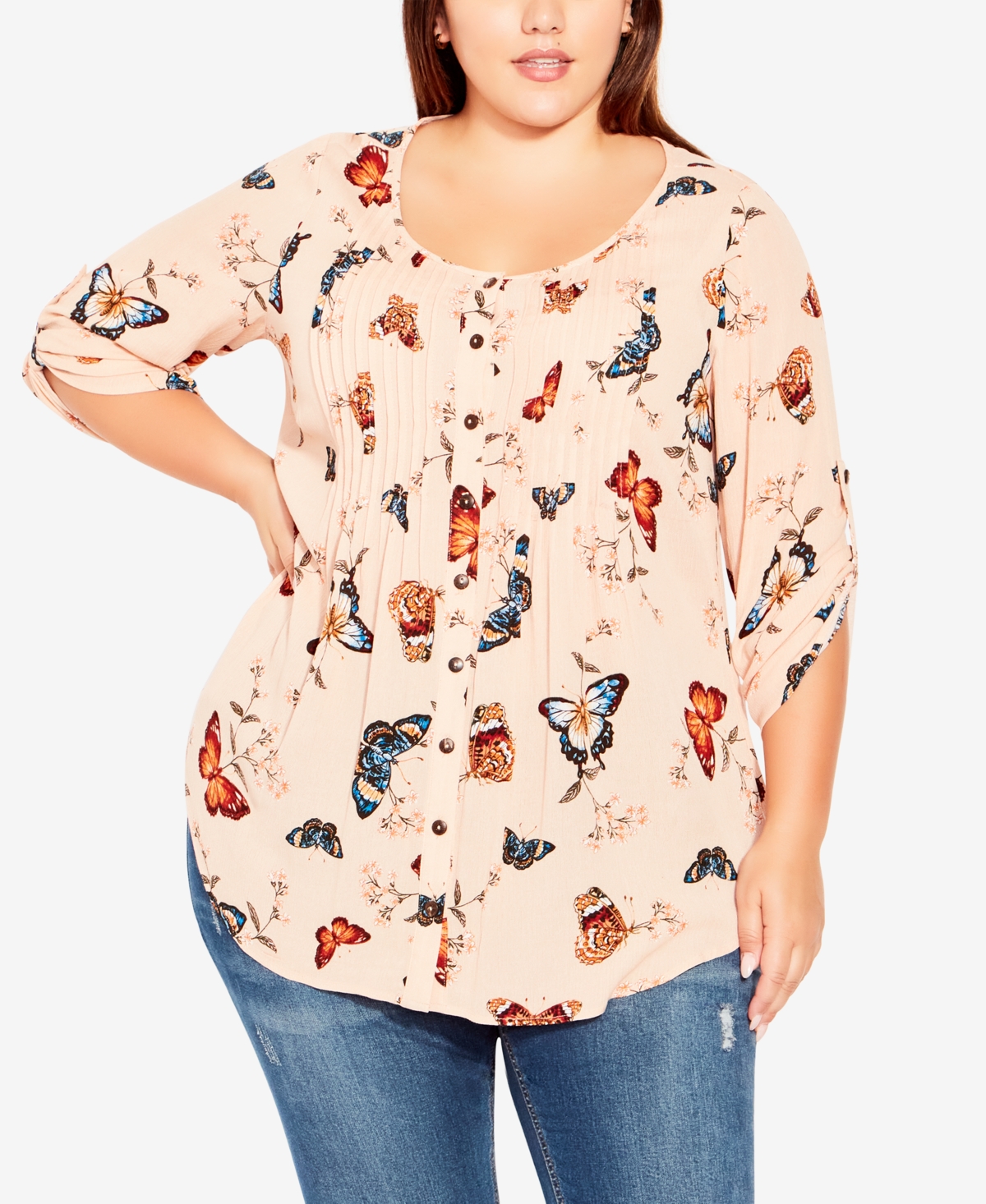 Avenue Plus Size Sandy Pintuck Print Shirt In Peach Papillion