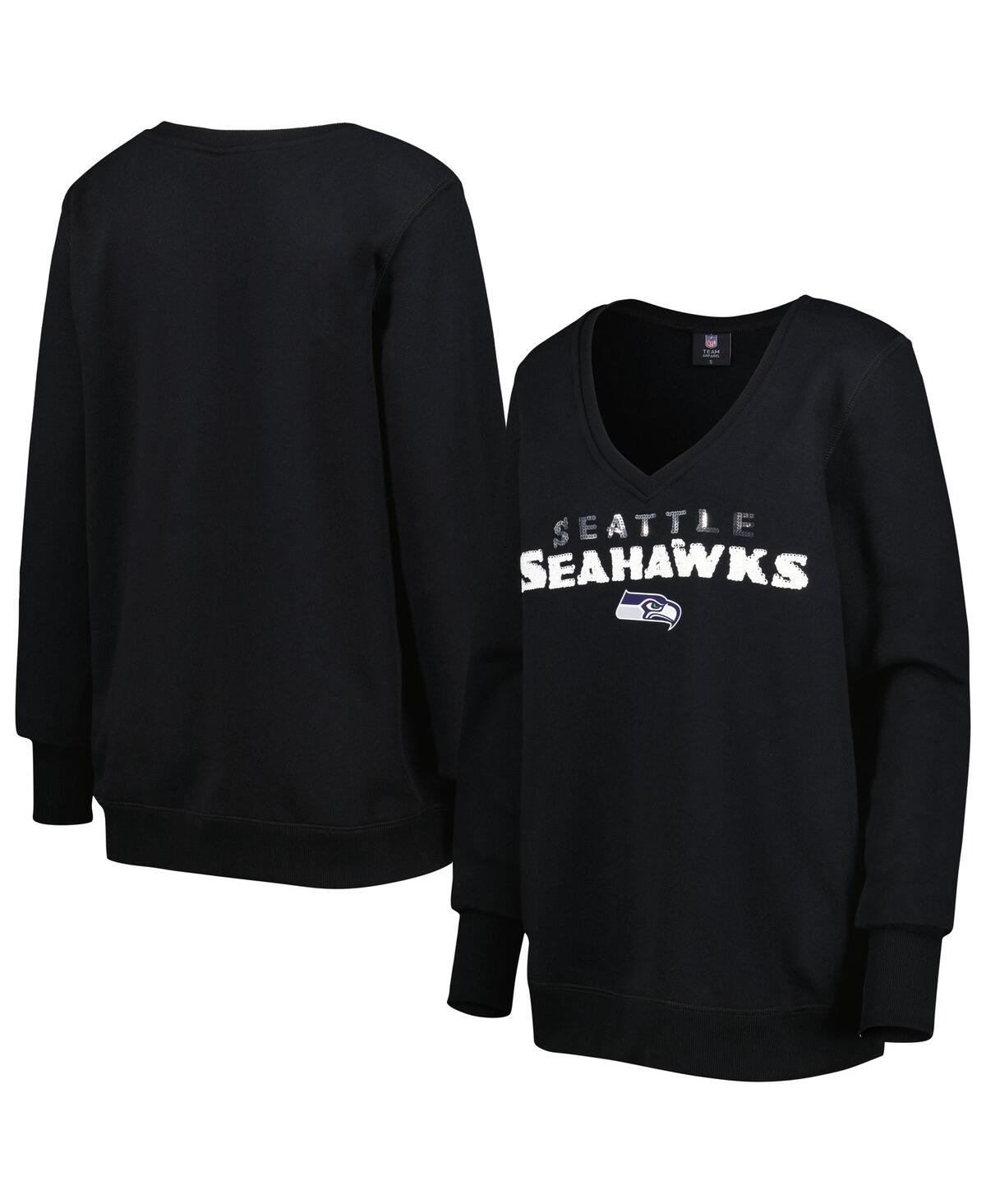 Women's Cuce Black Seattle Seahawks Sequin Logo V-Neck Pullover Sweatshirt - Black