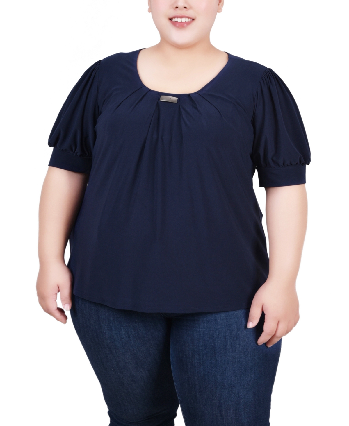 Ny Collection Plus Size Short Balloon Sleeve Top With Hardware In Navy