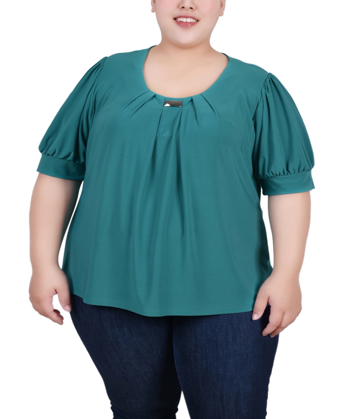 Ny Collection Plus Size Short Balloon Sleeve Top With Hardware In Emerald