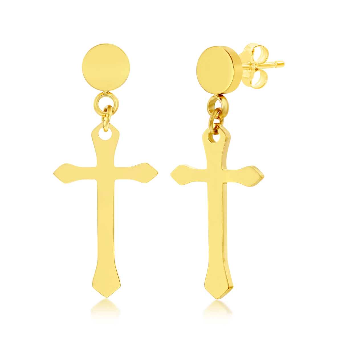 BLACKJACK MENS STAINLESS STEEL POLISHED CROSS EARRINGS - GOLD PLATED