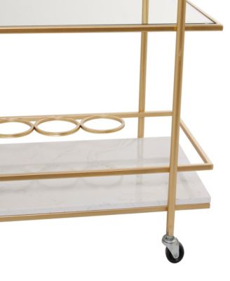 27" x 13" x 33" Marble Rolling 1 Glass and 2 Marble Shelves with Handles Bar Cart