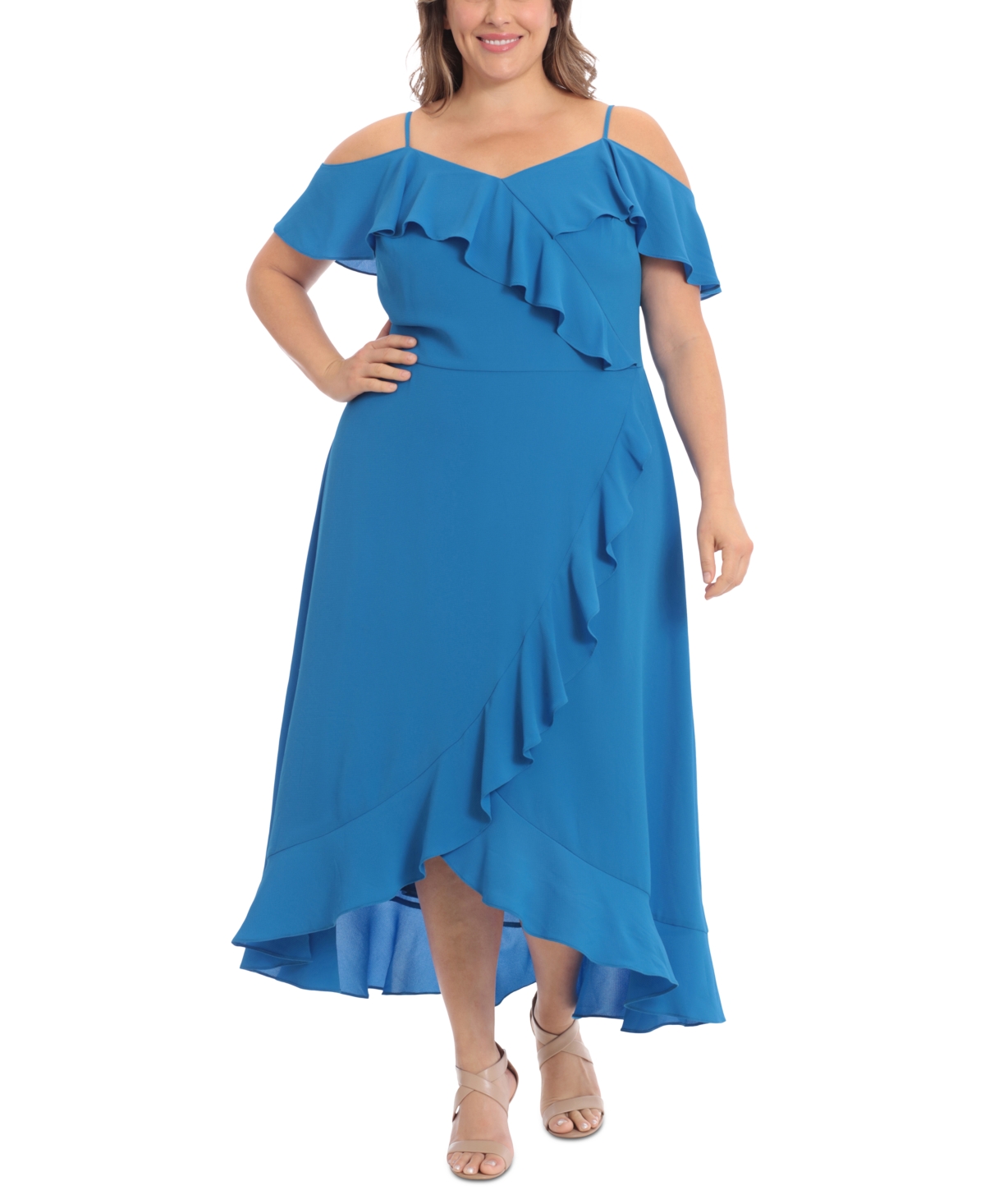 London Times Plus Size Ruffled Cold-shoulder Maxi Dress In Blue