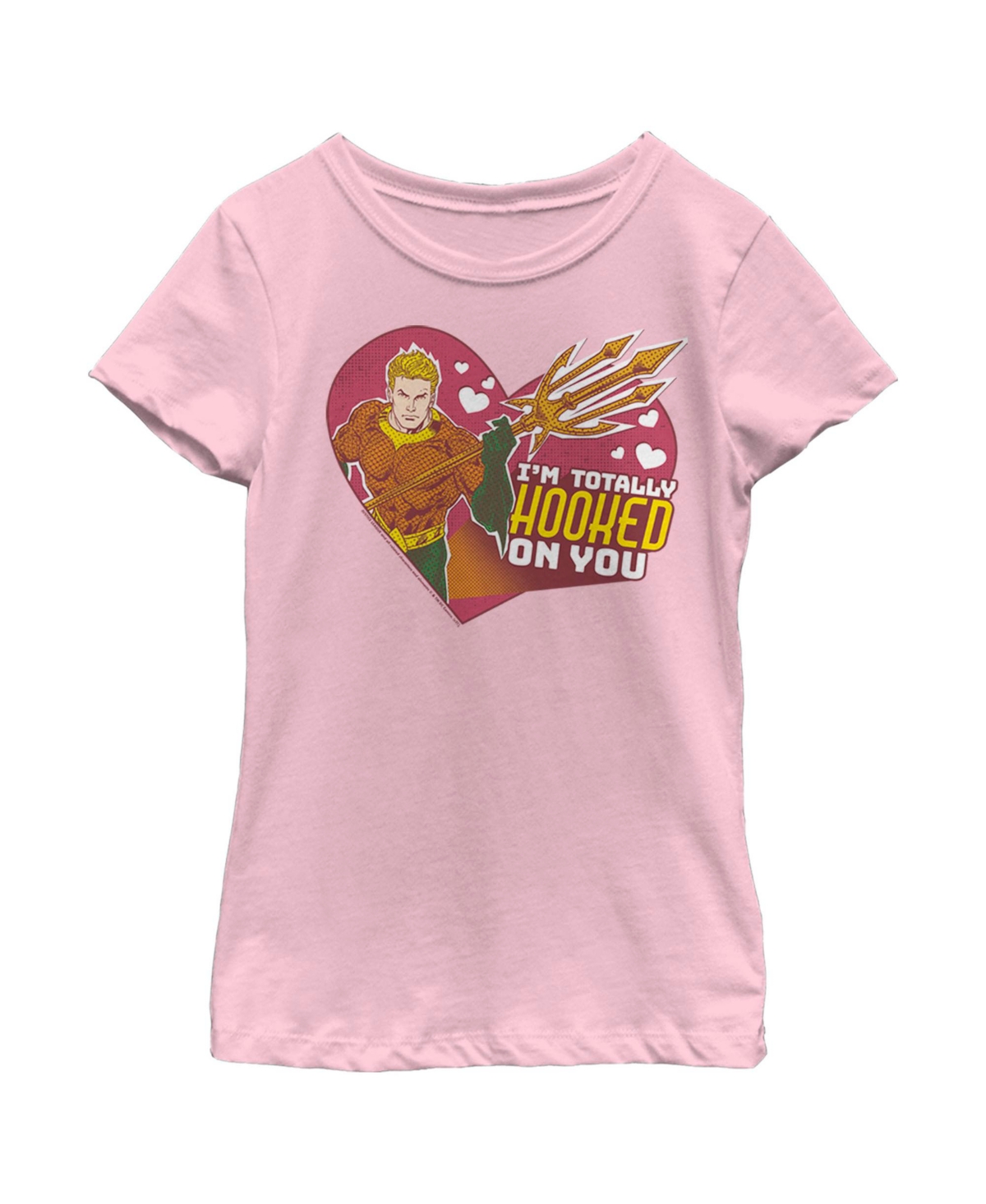 Dc Comics Girl's Justice League Valentine's Day Aquaman I'm Totally Hooked On You Child T-shirt In Light Pink