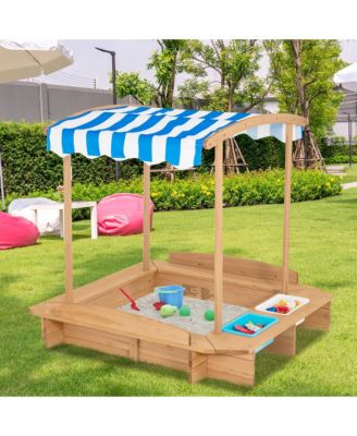 Kids Large Wooden Sandbox w/ 2 Bench Seats Outdoor Play Spot for Children