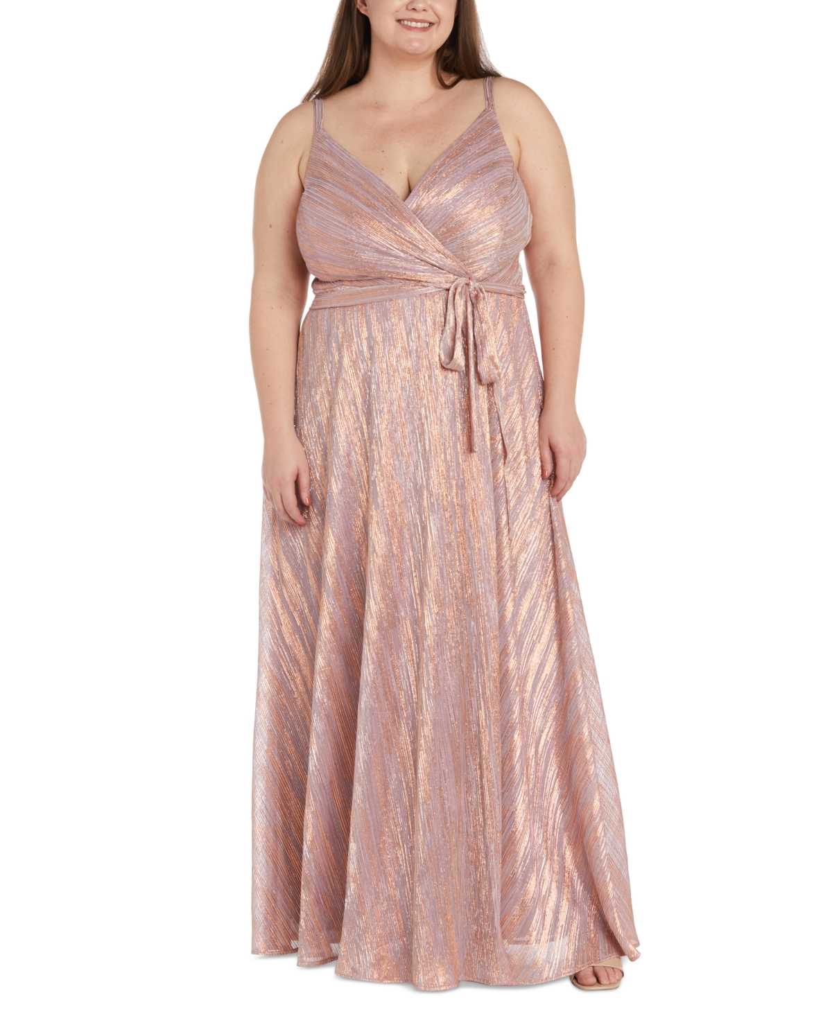 Nightway Plus Size Metallic Surplice Sleeveless Gown In Mauve