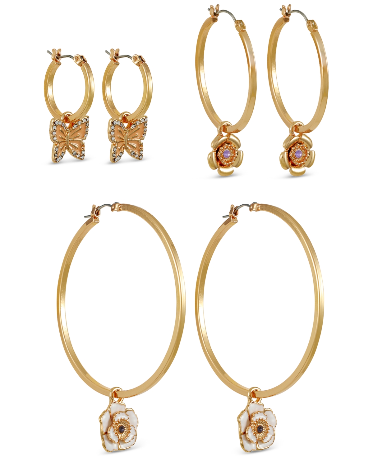 Guess Gold-tone 3-pc. Set Mixed Color Stone Flower & Butterfly Charm Hoop Earrings