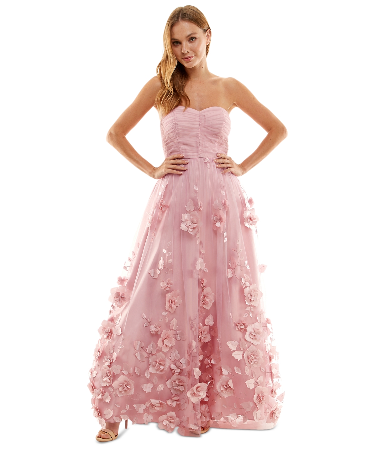 Bcx Juniors' 3d Floral Ruched Strapless Gown, Created For Macy's In Pink